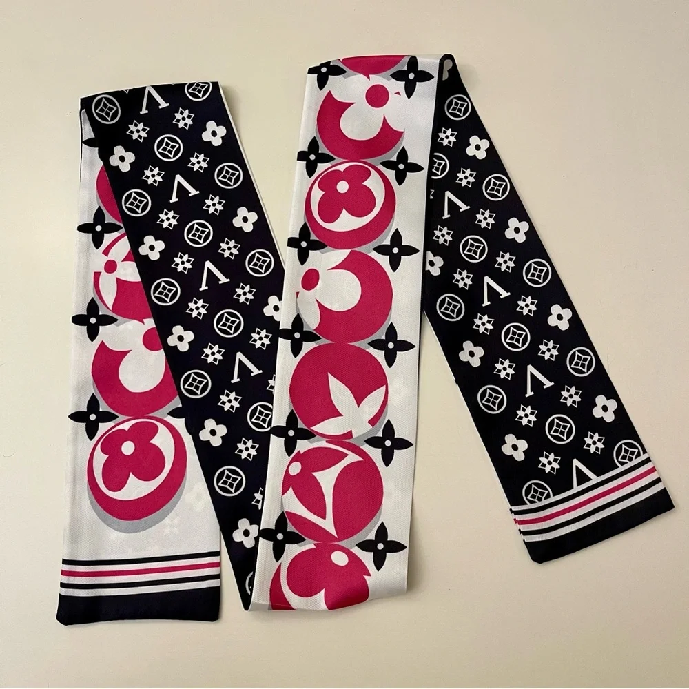 Luxury 100% Silk Bandeau Twilly Scarf - Black, White & Pink Floral Monogram